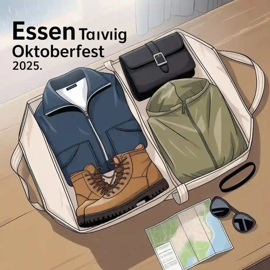 Essen Oktoberfest 2025 – Termine, Tickets & Musik erleben 6 Pack leichte Jacke, feste Schuhe und Tasche fürs herbstliche Essen Oktoberfest