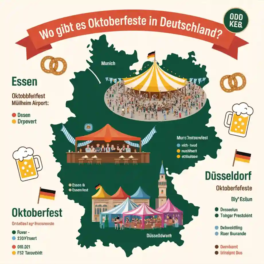 Essen Oktoberfest 2025 – Termine, Tickets & Musik erleben 4 Illustrated map of Germany showing major Oktoberfests: Munich with the world’s biggest festival at Theresienwiese, Essen with the Ruhrgebiet’s largest Oktoberfest 2025 at the airport, and Düsseldorf with its colorful Oktoberfest on Schützenplatz Eller, complete with tents, beer mugs, and Bavarian decorations.