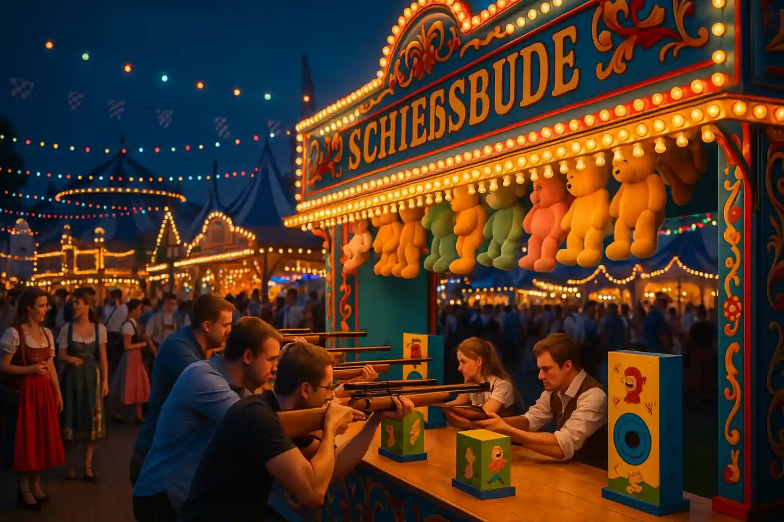 Kopfschuss Schießbude Oktoberfest– Preise & Besucherinfos 1 "Oktoberfest-Schießbude bei Nacht mit Menschen, die auf bunte Ziele zielen, leuchtenden Lichtern und Stofftierpreisen in festlicher Jahrmarktatmosphäre."
