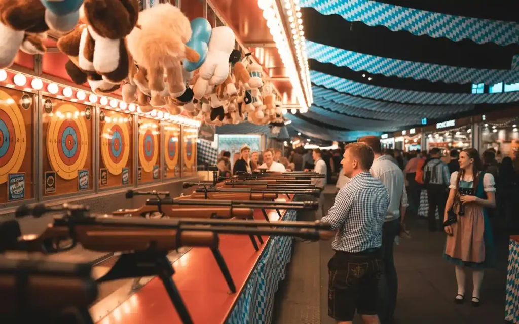 Kopfschuss Schießbude Oktoberfest– Preise & Besucherinfos 5 "Oktoberfest-Schießbude mit Gewehren, bunten Zielscheiben, Stofftierpreisen und Besuchern in festlicher Jahrmarktatmosphäre."
