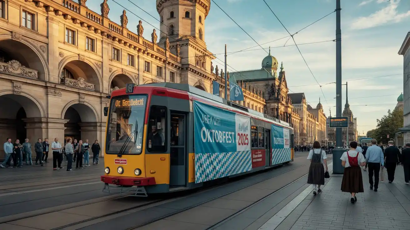 Leipziger Oktoberfest 2025 – Dein Guide zur Alten Messe 7 Tramfahrt zur Alte Messe Leipzig für das Oktoberfest Leipzig 2025 mit Besuchern in Tracht“