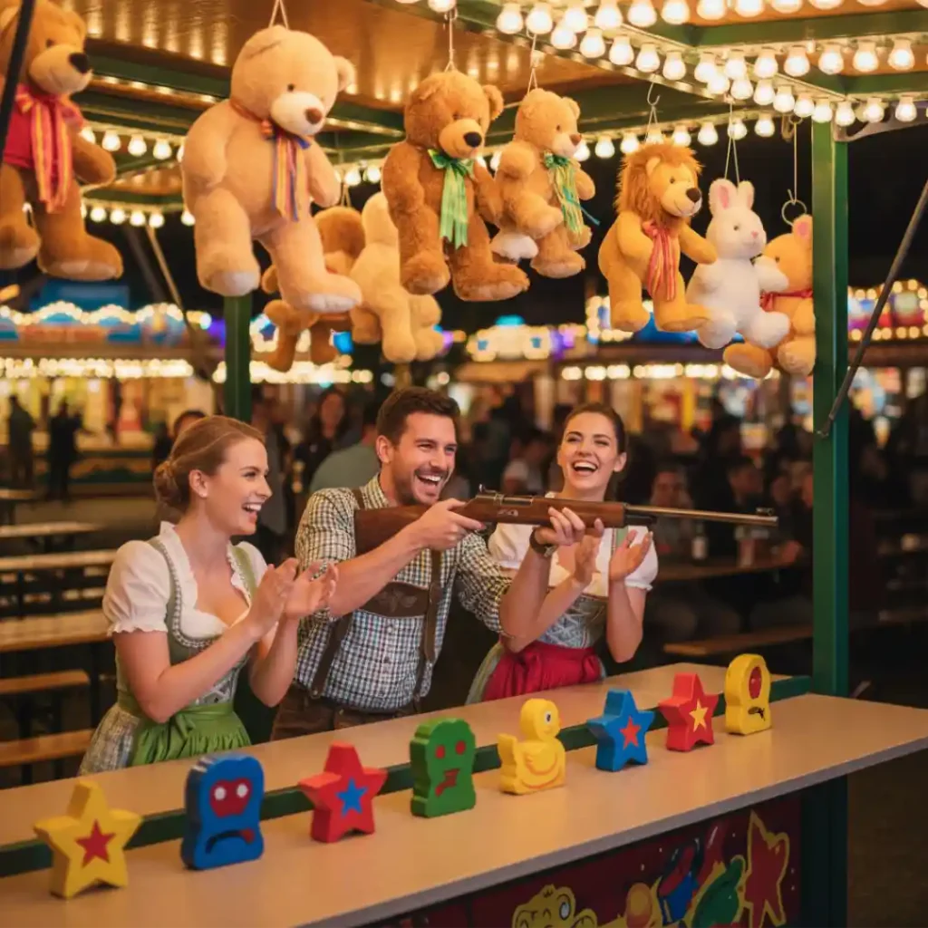 Kopfschuss Schießbude Oktoberfest– Preise & Besucherinfos 4 Besucher genießen die Kopfschuss Schießbude auf dem Oktoberfest, lachen und spielen am Schießstand.