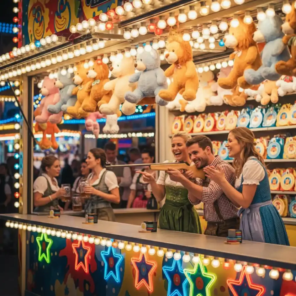 Kopfschuss Schießbude Oktoberfest– Preise & Besucherinfos 2 Bunter Schießstand auf dem Oktoberfest mit Besuchern, die lachen und Preise an der Kopfschuss Schießbude gewinnen.