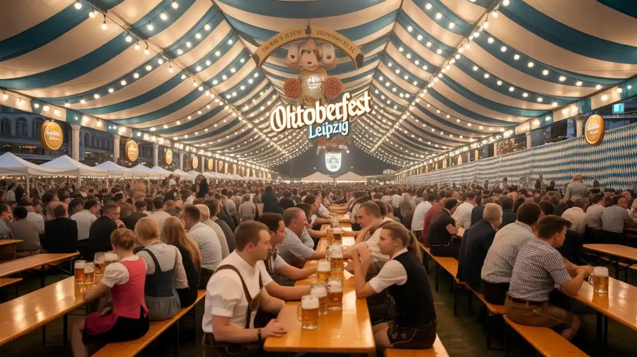 Leipziger Oktoberfest 2025 – Dein Guide zur Alten Messe 2 Überblick über das Oktoberfest Leipzig 2025 auf dem Gelände der Alte Messe Leipzig mit Festzelt, Maßbier und Trachten“