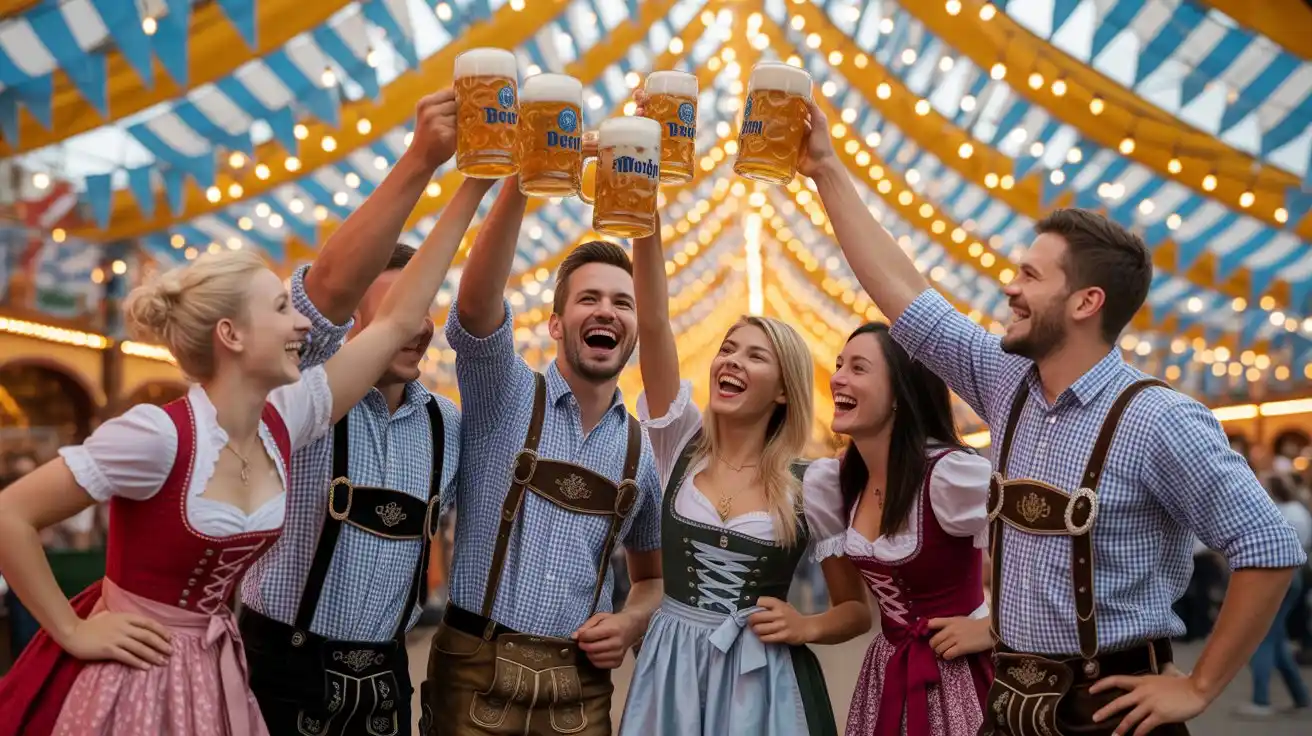 Leipziger Oktoberfest 2025 – Dein Guide zur Alten Messe 6 Besucher in Dirndl und Lederhosen beim Oktoberfest Leipzig 2025 an der Alte Messe“