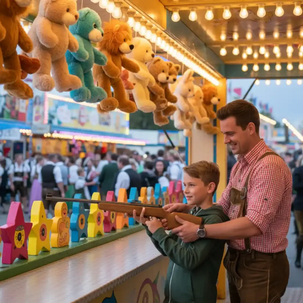 Kopfschuss Schießbude Oktoberfest– Preise & Besucherinfos 6 Mitarbeiter auf dem Oktoberfest erklärt einem Besucher sicheres Spielen an der Kopfschuss Schießbude.