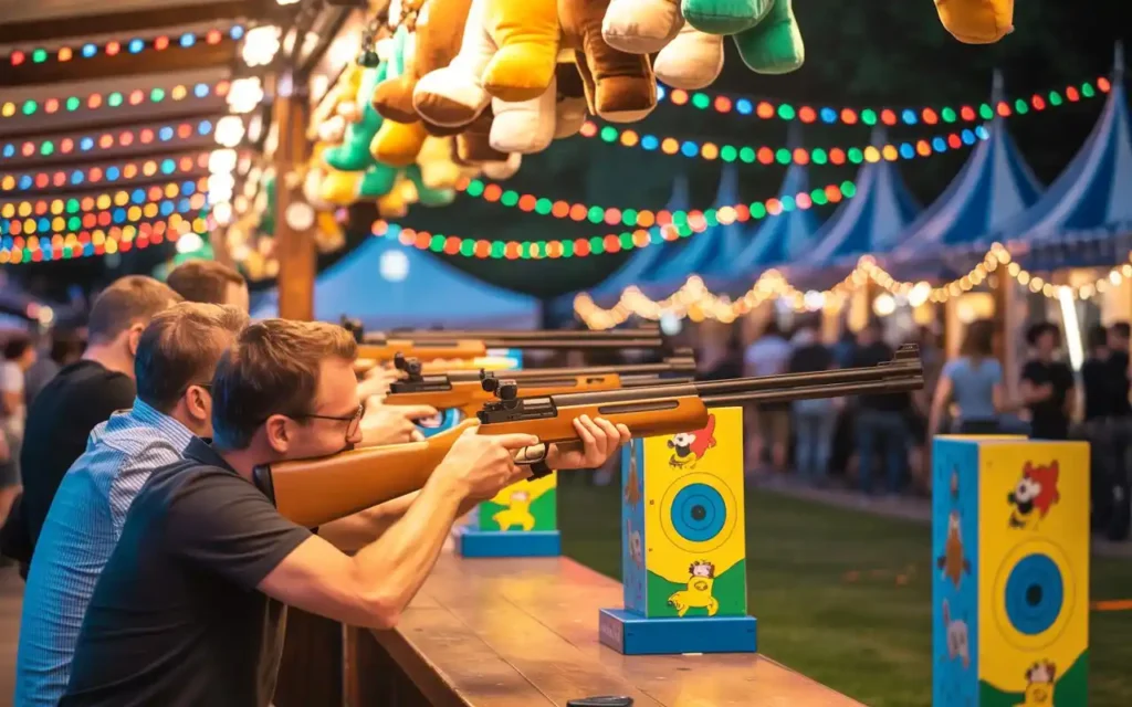 Kopfschuss Schießbude Oktoberfest– Preise & Besucherinfos 7 "Oktoberfest-Schießbude mit Besuchern, die mit Luftgewehren auf bunte Zielscheiben unter festlichen Lichtern zielen."