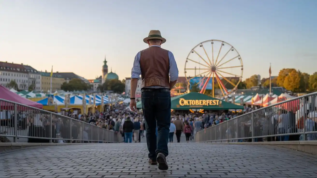 Teufelsrad Oktoberfest 2025 – Kultklassiker in München 9 „Besucher geht zur Theresienwiese in München mit Blick auf das Teufelsrad und Oktoberfest-Zelte 2025“