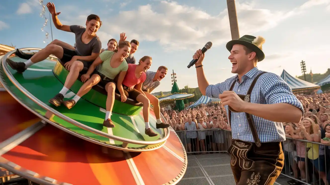 Teufelsrad Oktoberfest 2025 – Kultklassiker in München 4 “Riders on the Teufelsrad Oktoberfest spinning disc – Devil’s Wheel action with Bavarian presenter”
