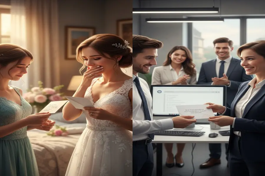 Glückwünsche zur Hochzeit: So findest du immer die richtigen Worte 4 "Zwei Szenen: Schwester überreicht emotionale Hochzeitskarte, Kollegin erhält formelle Glückwünsche im Büro."