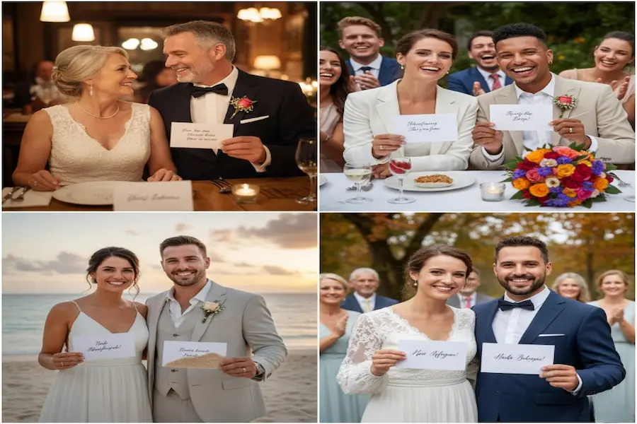 Glückwünsche zur Hochzeit: So findest du immer die richtigen Worte 7 "Verschiedene Hochzeitspaare – älter, gleichgeschlechtlich, am Strand – mit persönlichen Glückwünschen."