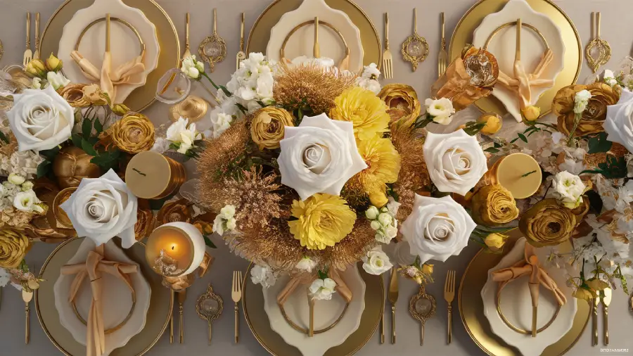 Goldene Hochzeit: 50 Jahre Liebe und warum dieses Jubiläum so besonders ist 6 "Elegante Dekoration zur Goldenen Hochzeit mit weißen Rosen, goldenen Blumen, Kerzen und Pastelltönen."