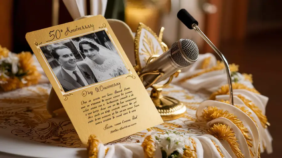 Goldene Hochzeit: 50 Jahre Liebe und warum dieses Jubiläum so besonders ist 5 "Einladungskarte mit Foto und goldenem Design neben Mikrofon für Reden zur Goldenen Hochzeit."