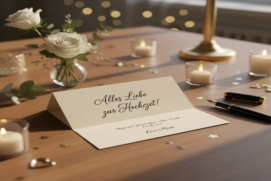 Glückwünsche zur Hochzeit: So findest du immer die richtigen Worte 3 "Elegante Hochzeitskarte mit Schrift ‚Alles Liebe zur Hochzeit‘, daneben weiße Blumen und goldene Ringe."