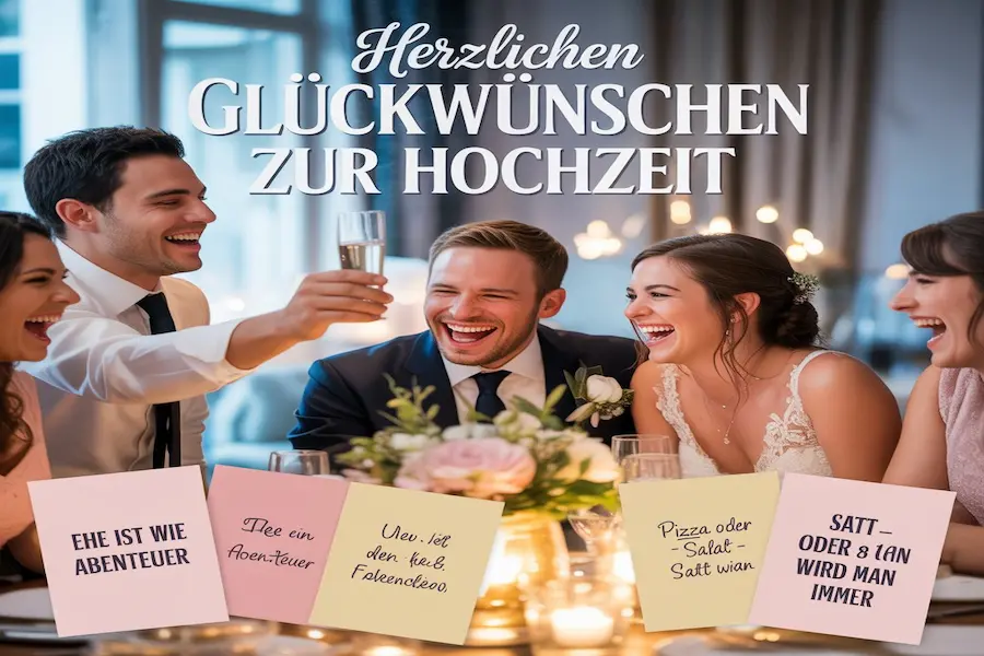Spruch zur Hochzeit: Moderne, Lustige und Persönliche Glückwünsche für den schönsten Tag 5 "Gäste lesen lustige Glückwünsche zur Hochzeit vor, das Brautpaar und Freunde lachen gemeinsam herzlich."