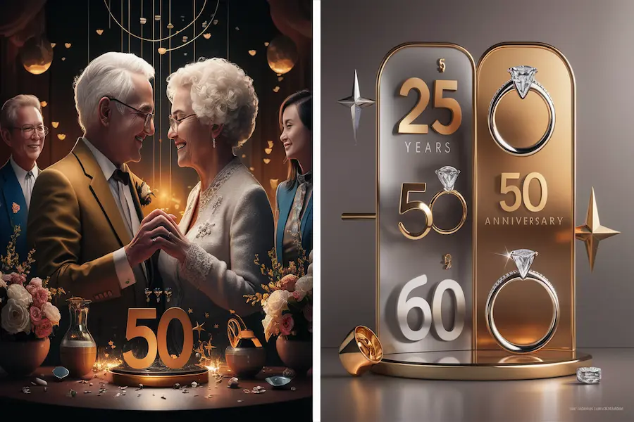 Goldene Hochzeit: 50 Jahre Liebe und warum dieses Jubiläum so besonders ist 3 "Goldene Hochzeit mit Paar und Symbolgrafik zu Silber-, Gold- und Diamant-Hochzeiten im modernen Stil."