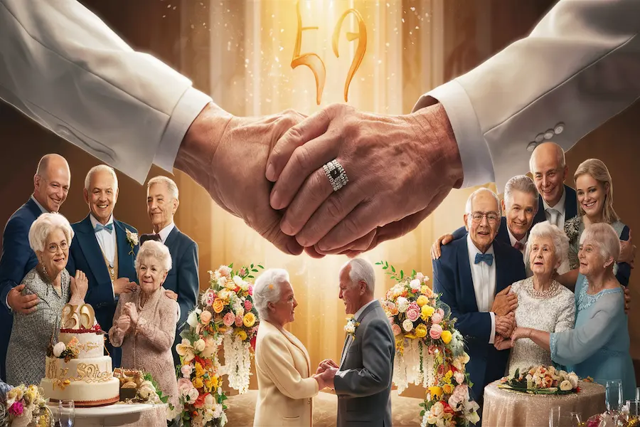 Goldene Hochzeit: 50 Jahre Liebe und warum dieses Jubiläum so besonders ist 2 "Älteres Paar feiert Goldene Hochzeit mit Familie, Ringen, Blumen und warmem goldenem Licht."