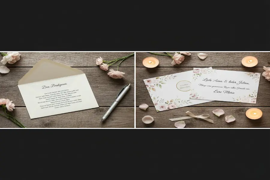 Glückwünsche zur Hochzeit: So findest du immer die richtigen Worte 6 "Zwei Karten im Vergleich: links unpersönlich nur für den Bräutigam, rechts herzlich mit beiden Namen."