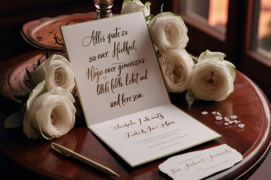 Spruch zur Hochzeit: Moderne, Lustige und Persönliche Glückwünsche für den schönsten Tag 6 "Elegant wedding card with German short Spruch zur Hochzeit text, white roses and golden pen."