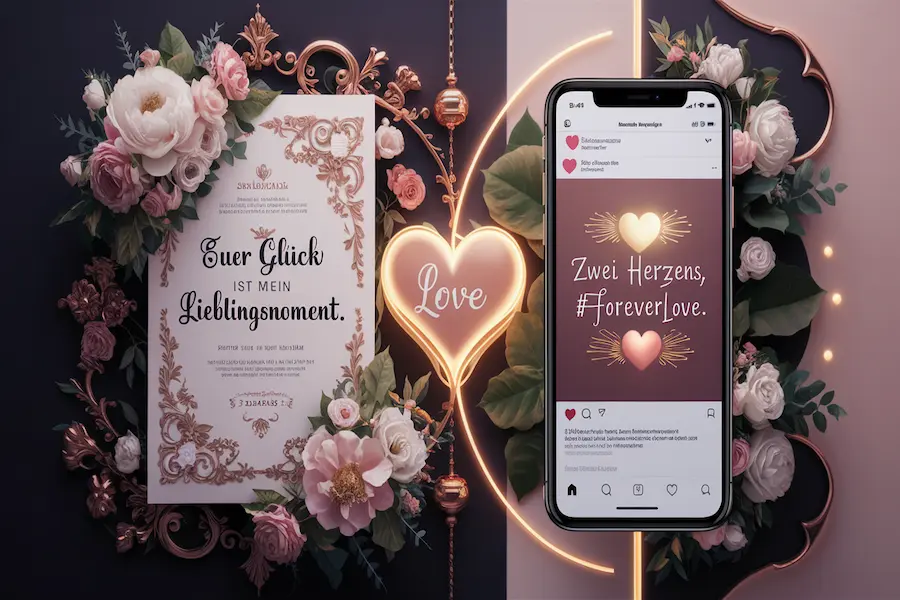 Schöne Sprüche – Worte, die Herz, Leben und Liebe berühren 6 "Poster auf Deutsch mit Zitaten für Karten und Social Media, elegant gestaltet für Liebe und Hochzeit."