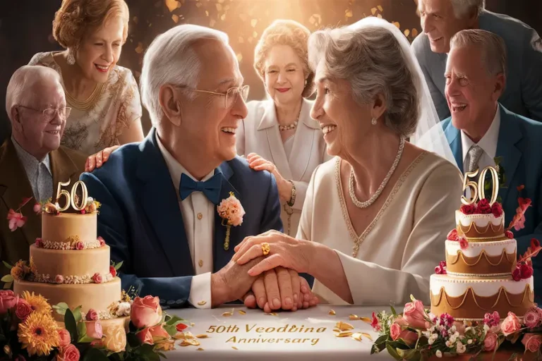 Goldene Hochzeit: 50 Jahre Liebe und warum dieses Jubiläum so besonders ist 20 "Älteres Paar feiert Goldene Hochzeit mit Familie, Ringen, Blumen und warmem goldenem Licht."