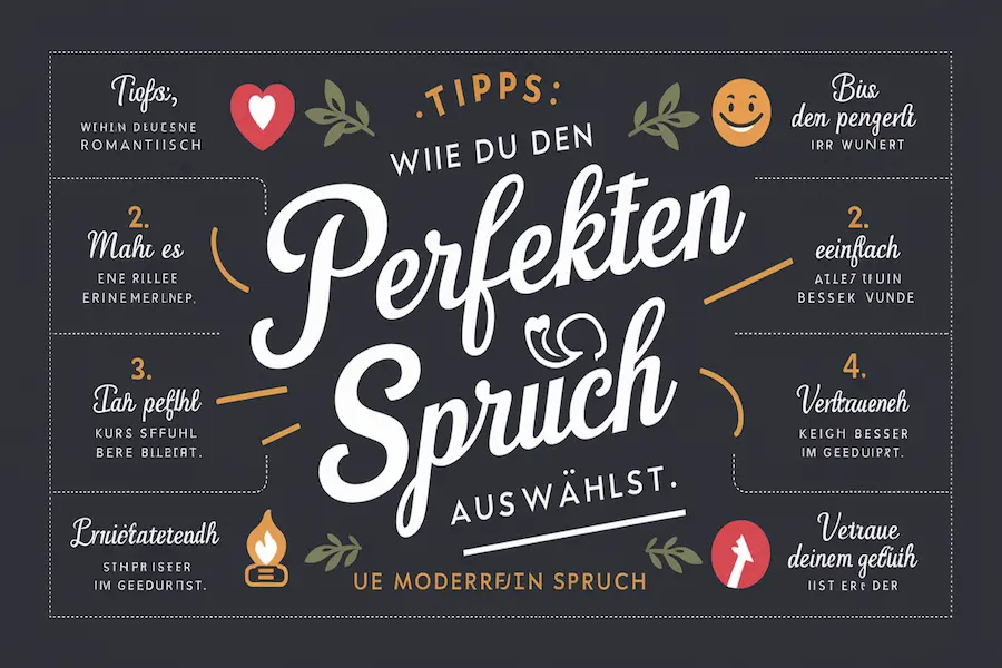 Schöne Sprüche – Worte, die Herz, Leben und Liebe berühren 7 "Infografik auf Deutsch mit Tipps zur Auswahl des perfekten Spruchs: romantisch, humorvoll, inspirierend."