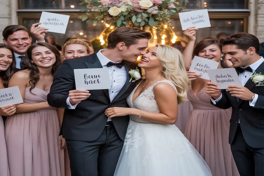 Spruch zur Hochzeit: Moderne, Lustige und Persönliche Glückwünsche für den schönsten Tag 2 "Fröhliches Hochzeitspaar mit Freunden, die moderne, lustige und Spruch zur Hochzeit teilen."