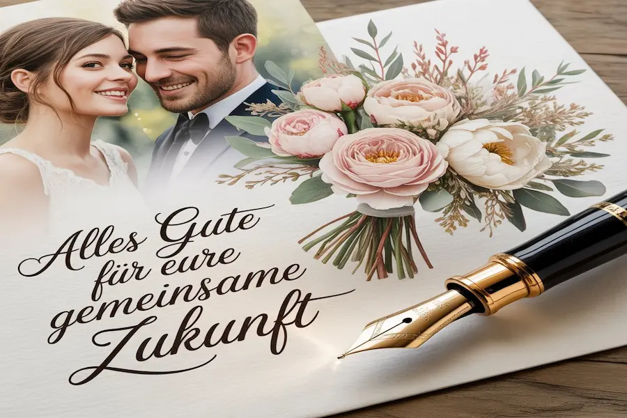 Spruch zur Hochzeit: Moderne, Lustige und Persönliche Glückwünsche für den schönsten Tag 4 "Handgeschriebene Hochzeitskarte mit kurzem, persönlichen Spruch zur Hochzeit neben Blumen und Füller."