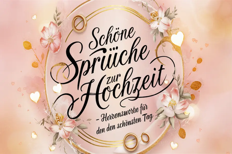 Schöne Sprüche – Worte, die Herz, Leben und Liebe berühren 3 "Fröhliches Hochzeitszitat auf Deutsch mit verspielter Schrift, Glühbirnen-Doodles und Farbverlauf."