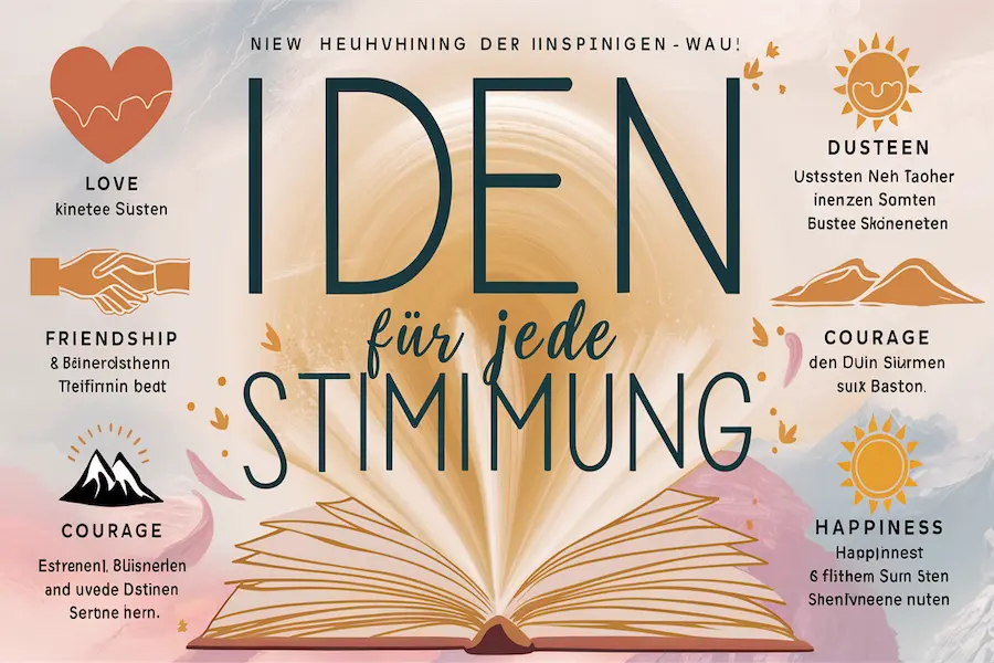 Schöne Sprüche – Worte, die Herz, Leben und Liebe berühren 5 "Poster auf Deutsch mit Titel ‚Ideen für jede Stimmung‘, Symbolen für Liebe, Freundschaft, Mut und Glück."