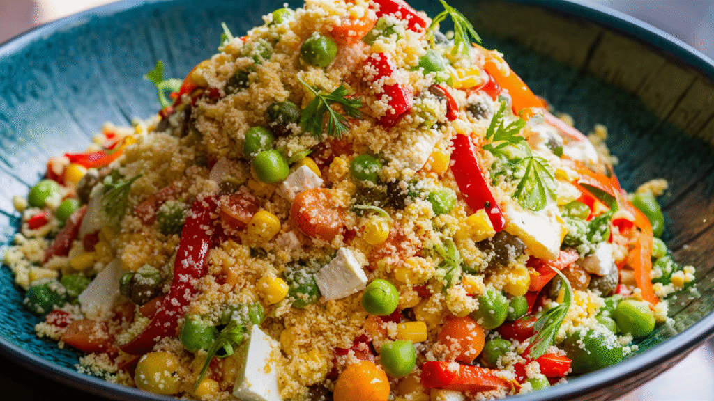 Großer bunter Couscous-Salat mit Feta für viele Gäste