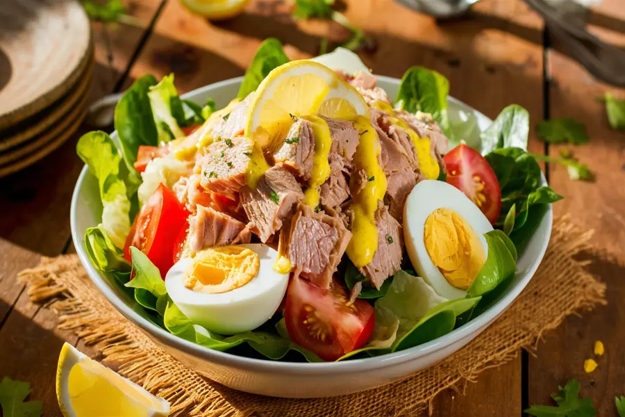 Abendessen Ideen leicht – Frischer Salat mit Thunfisch, Ei und Zitrone.