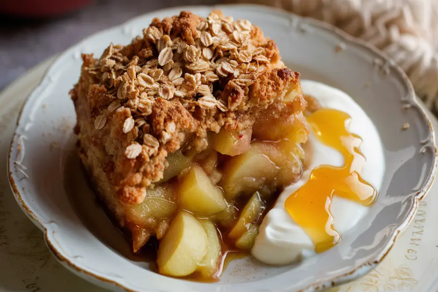 Dessert nach dem Abendessen – Warmer Apfelcrumble mit Joghurt und Honig.