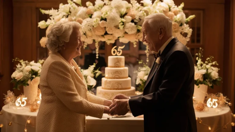 Eiserne Hochzeit: 65 Jahre Ehe feiern mit Herz 18 Eiserne Hochzeit 65 Jahre feiern – festlich gedeckter Tisch mit Blumen, Kuchen und Jubiläumspaar