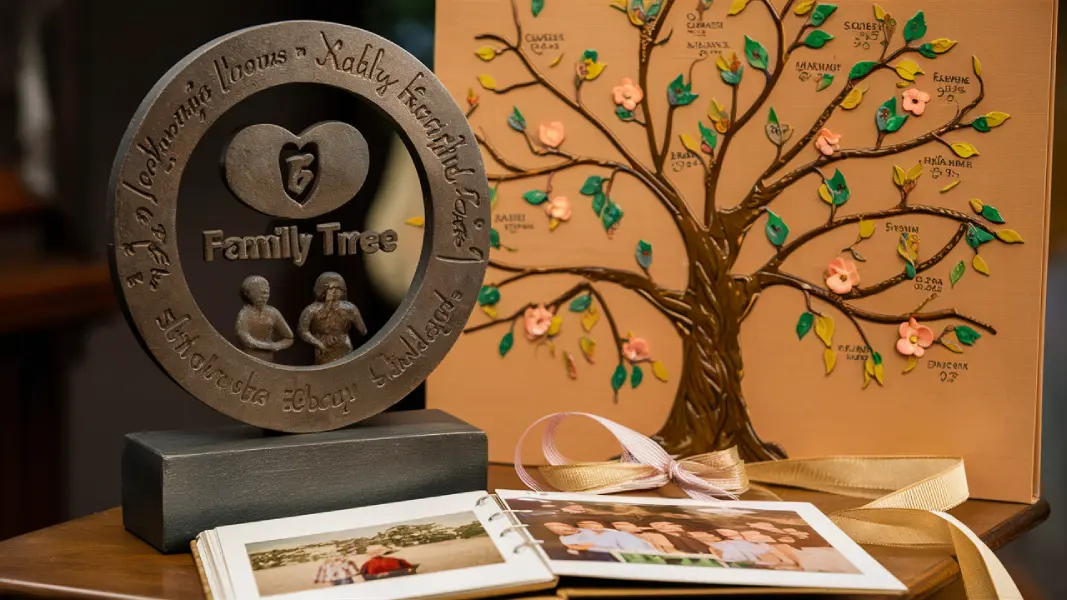 Eiserne Hochzeit: 65 Jahre Ehe feiern mit Herz 5 Eiserne Hochzeit Geschenk – gravierte Eisenskulptur, Familienbaum Kunstwerk und personalisiertes Fotoalbum