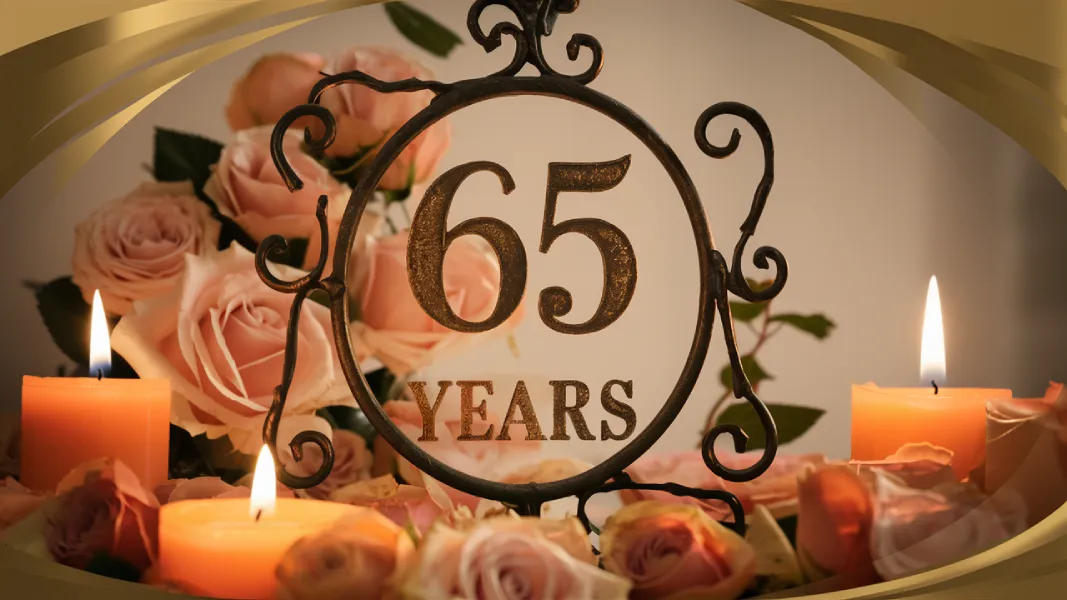 Eiserne Hochzeit: 65 Jahre Ehe feiern mit Herz 2 Eiserne Hochzeit wieviel Jahre – dekoratives 65 Jahre Schild aus Eisen mit Rosen und Kerzen