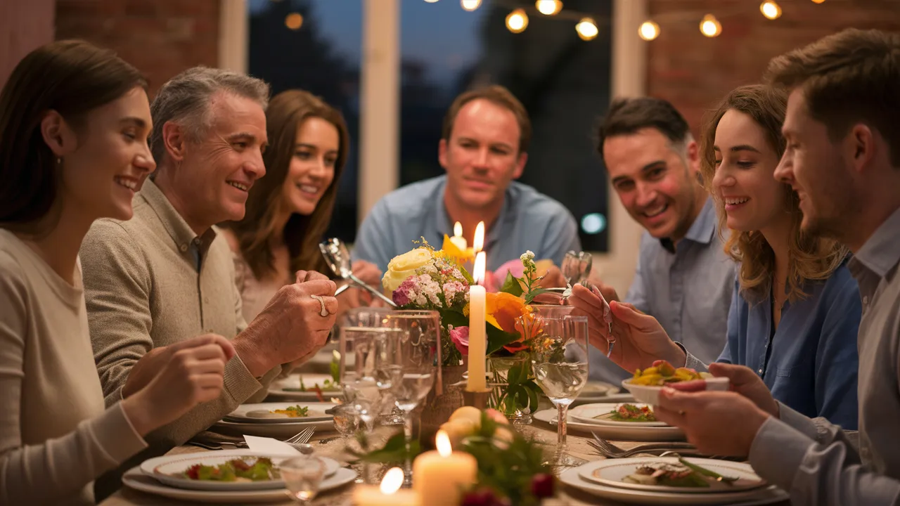 Freunde und Familie genießen gemeinsam ein Essen für zehn Personen