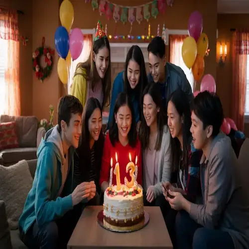 Geburtstagsfeier 13 Jährige Ideen Zuhause mit lachenden Teenagern und Geburtstagskuchen