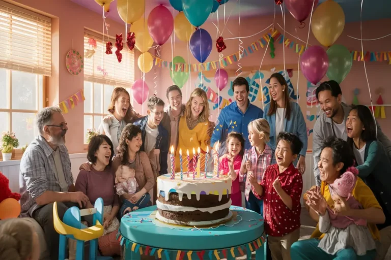 Geburtstagsparty: So planst du eine stressfreie und unvergessliche Feier 3 “Fröhliche Geburtstagsparty mit Luftballons, Kuchen und Dekoration"