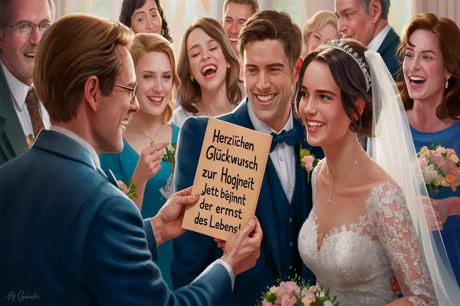 Glückwünsche zur Hochzeit: So findest du immer die richtigen Worte 5 "Fröhliche Hochzeitsszene: Freund überreicht Karte mit witzigem Spruch, Gäste und Brautpaar lachen herzlich."