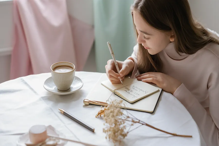 Planung und Vorbereitung für Ideen Geburtstagsfeier Erwachsene mit Notizbuch und Kaffee