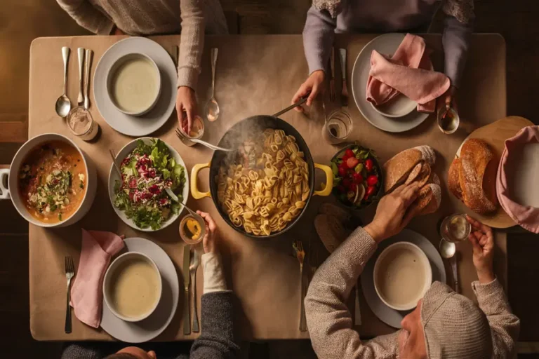 Leckere Rezepte Abendessen – Einfache Ideen für ein gemütliches Abendessen 2 Gemütlicher Esstisch mit warmem Licht und leckeren Rezepten fürs Abendessen zu Hause.