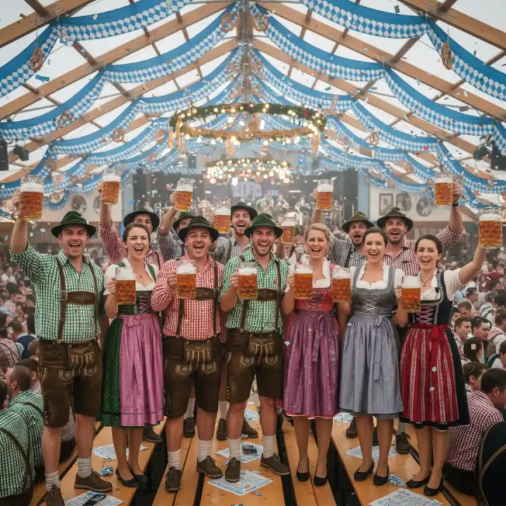Ochsenbraterei: Ein Stück bayerische Tradition auf dem Oktoberfest 4 Besucher in Lederhosen und Dirndl stoßen in der Ochsenbraterei an