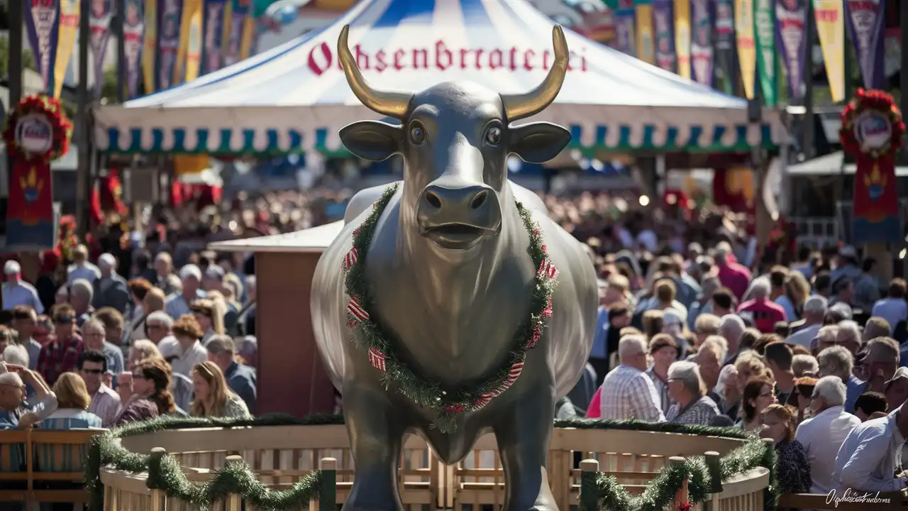 Ochsenbraterei: Ein Stück bayerische Tradition auf dem Oktoberfest 5 Großer Ochse am Eingang der Ochsenbraterei als Fotospot