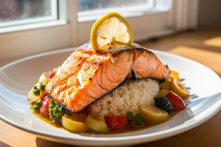 Rezepte Abendessen gesund – Lachs mit Reis und Gemüse auf hellem Teller.