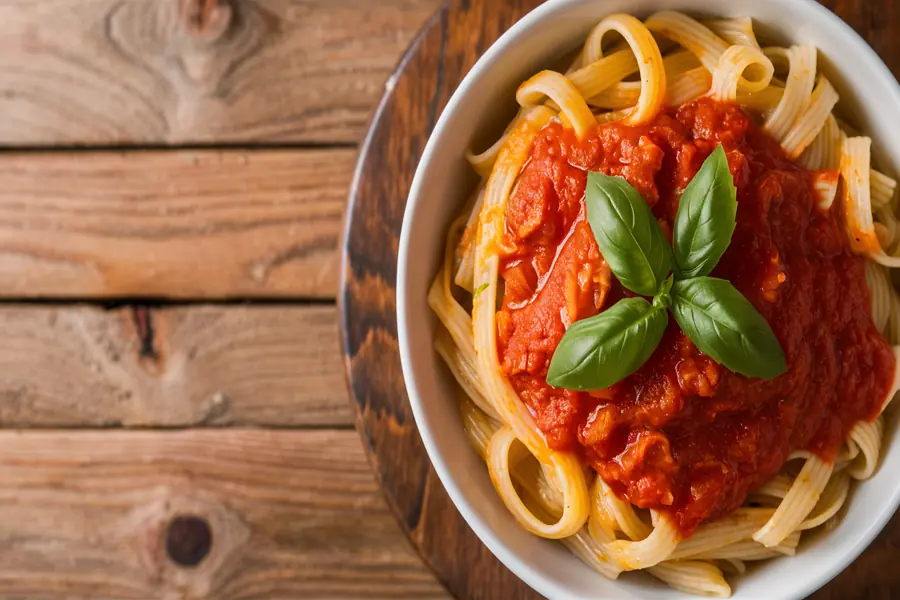 Schnelles Abendessen warm – Pasta mit Tomatensauce und frischem Basilikum.