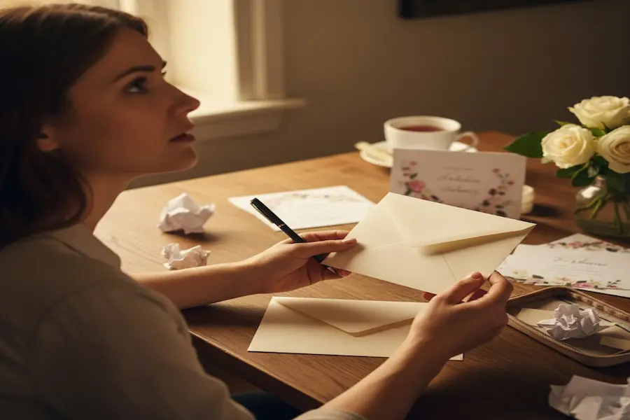 Glückwünsche zur Hochzeit: So findest du immer die richtigen Worte 2 "Person sitzt nachdenklich mit Stift vor leerer Hochzeitskarte, warmes Licht, Hochzeitsdetails im Raum."