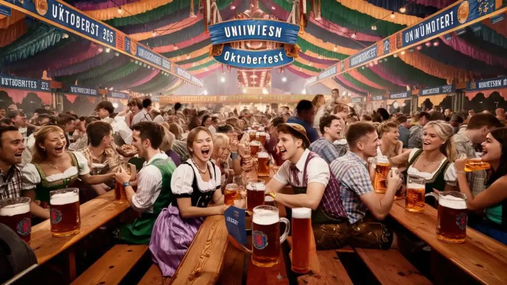 UniWiesn Münster 2025: Tickets, Termine & Dein kompletter Studenten-Guide 2 Feature Bild der UniWiesn Münster 2025 im Festzelt mit Studierenden in Dirndl und Lederhosen